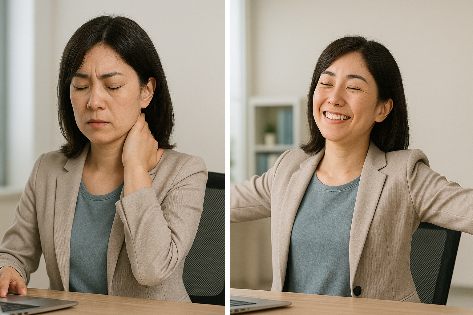 肩こり、首コリで辛い人。施術後に楽になる様子の写真