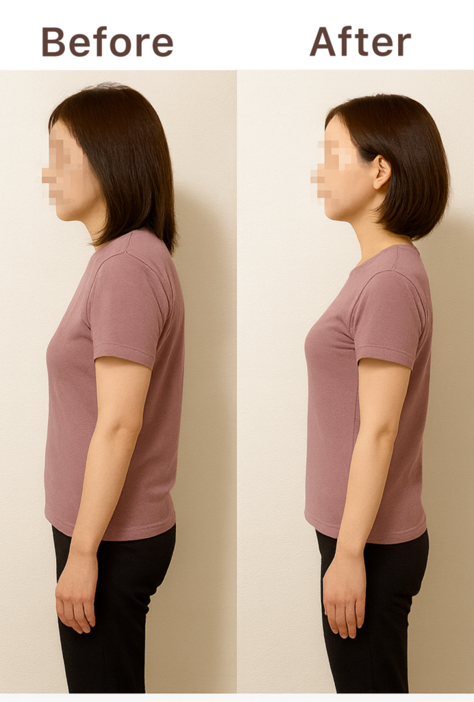 姿勢矯正後のビフォーアフター。腰痛と姿勢改善